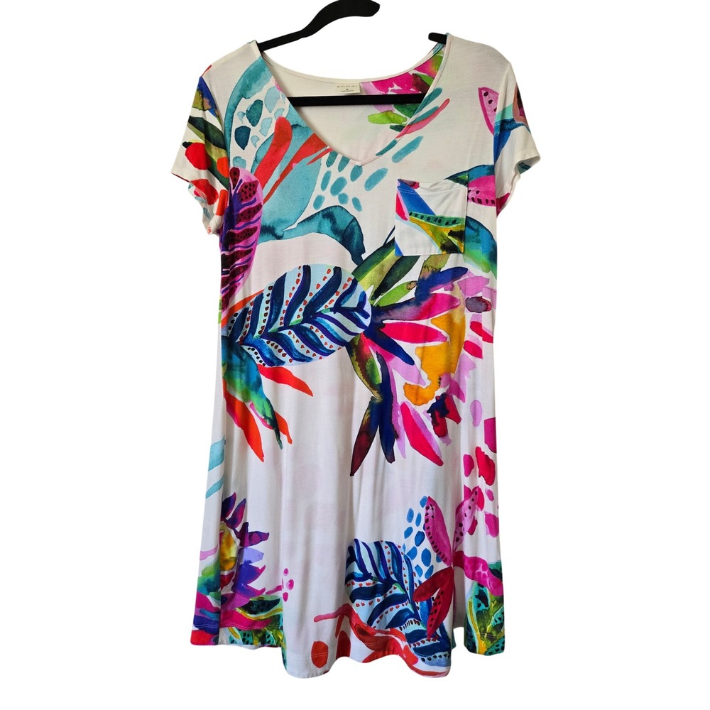 Soma S Nightgown Womens White Tropical Floral Watercolor Pocket V-Neck Chemise